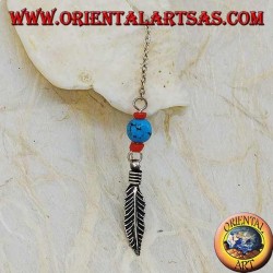 Pendientes de cadena de hoja de plata con bola de coral y turquesa de 8 cm.