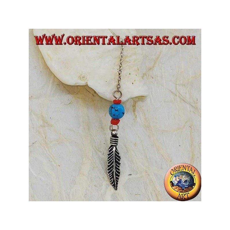 Boucles d'oreilles chaîne en argent avec boule turquoise et corail de 8 cm
