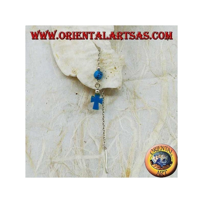 Boucles d'oreilles chaîne en argent avec croix et boule turquoise 8 cm
