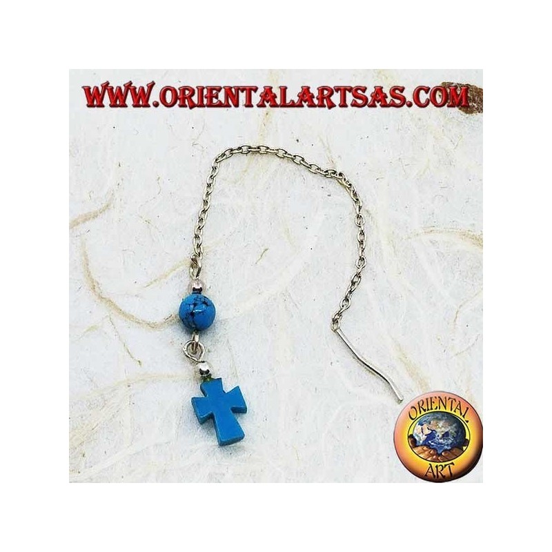 Pendientes de cadena de plata con cruz y bola turquesa de 8 cm.