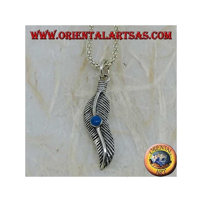 Wavy feather silver pendant with turquoise stone (symbol of purification)