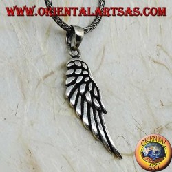 Silver pendant in the shape of an angel wing with raised feathers