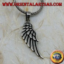 Silver pendant in the shape of an angel wing with raised feathers