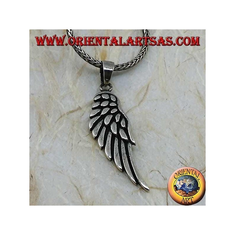 Silver pendant in the shape of an angel wing with raised feathers