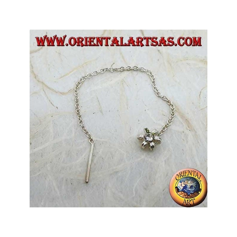 Silver earrings with six-petal flower chain with 8 cm white rhinestones