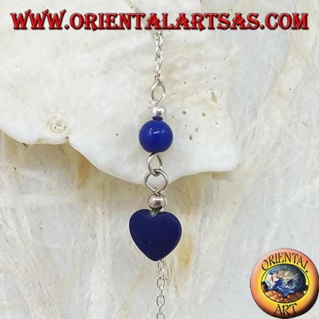 Silver heart chain earrings with 7 cm lapis ball.
