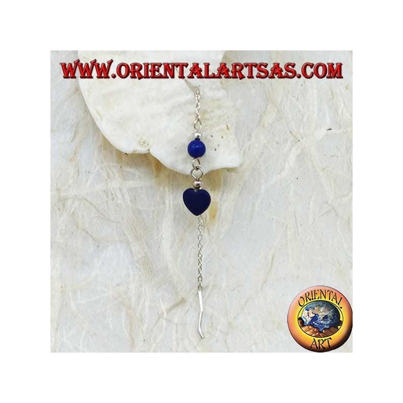 Silver heart chain earrings with 7 cm lapis ball.