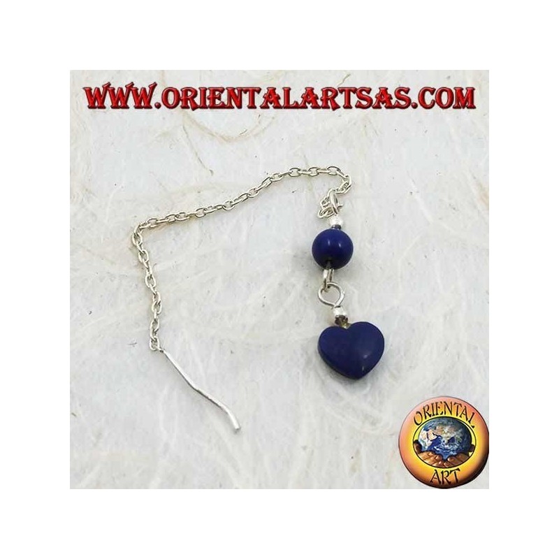 Silver heart chain earrings with 7 cm lapis ball.