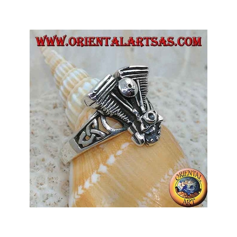 Silver ring, Harley Davidson V engine with Celtic knot on the sides