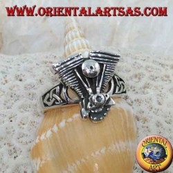 Silver ring, Harley Davidson V engine with Celtic knot on the sides