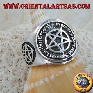 Silver ring with inverted pentacle and Satanist writing in Latin