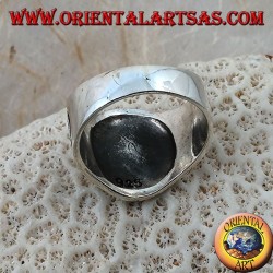 Silver ring with inverted pentacle and Satanist writing in Latin
