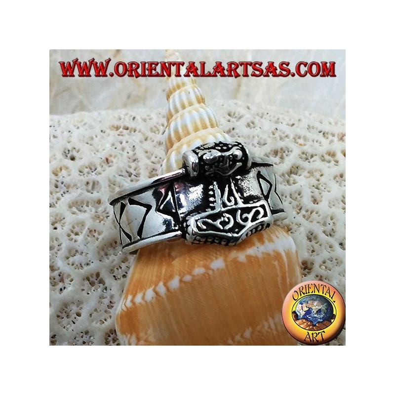 Silver ring band with engraved Nordic runes and Thor's hammer in relief