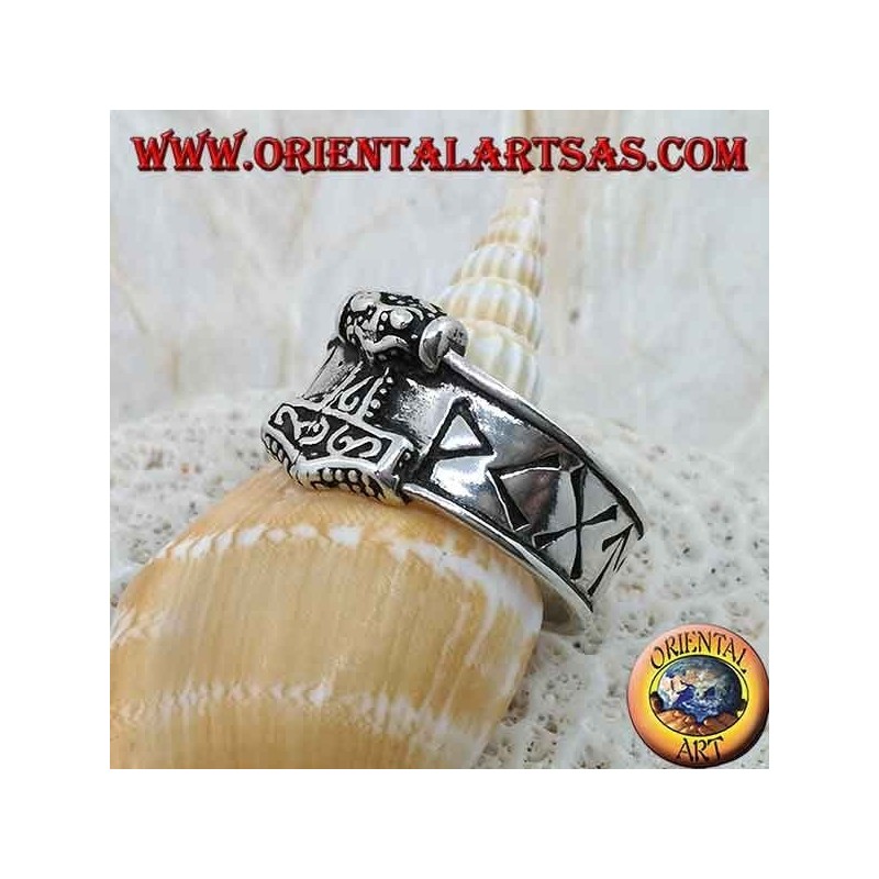 Silver ring band with engraved Nordic runes and Thor's hammer in relief