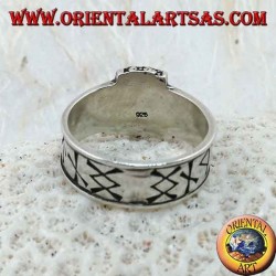Silver ring band with engraved Nordic runes and Thor's hammer in relief