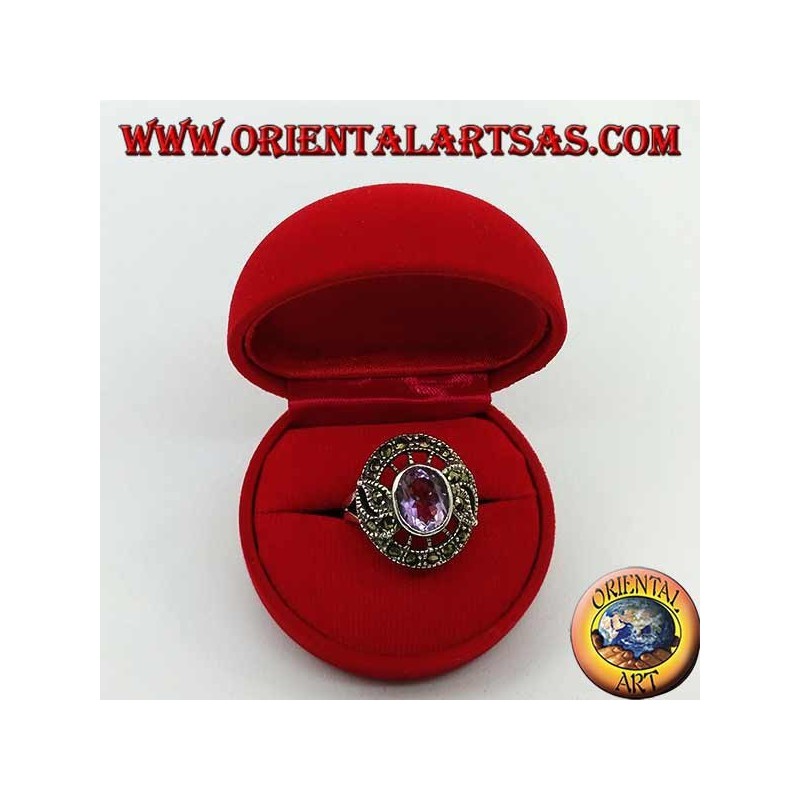 Silberring in Form eines Schnatzes mit natürlichem ovalem Amethyst und Markasit