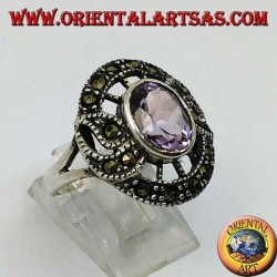 Silberring in Form eines Schnatzes mit natürlichem ovalem Amethyst und Markasit