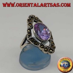 Rhomboidal silver ring with natural oval amethyst surrounded by marcasite