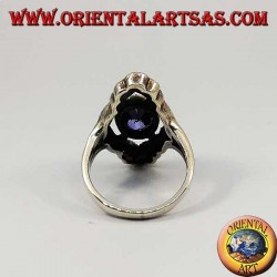 Rhomboidal silver ring with natural oval amethyst surrounded by marcasite