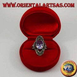 Rhomboidal silver ring with natural oval amethyst surrounded by marcasite