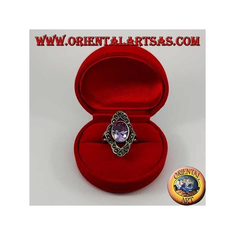 Rhomboidal silver ring with natural oval amethyst surrounded by marcasite
