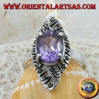 Silberring, rhomboides Gewebe mit natürlichem ovalem Amethyst und Markasit