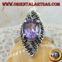 Silver ring, rhomboid weave with natural oval amethyst and marcasite
