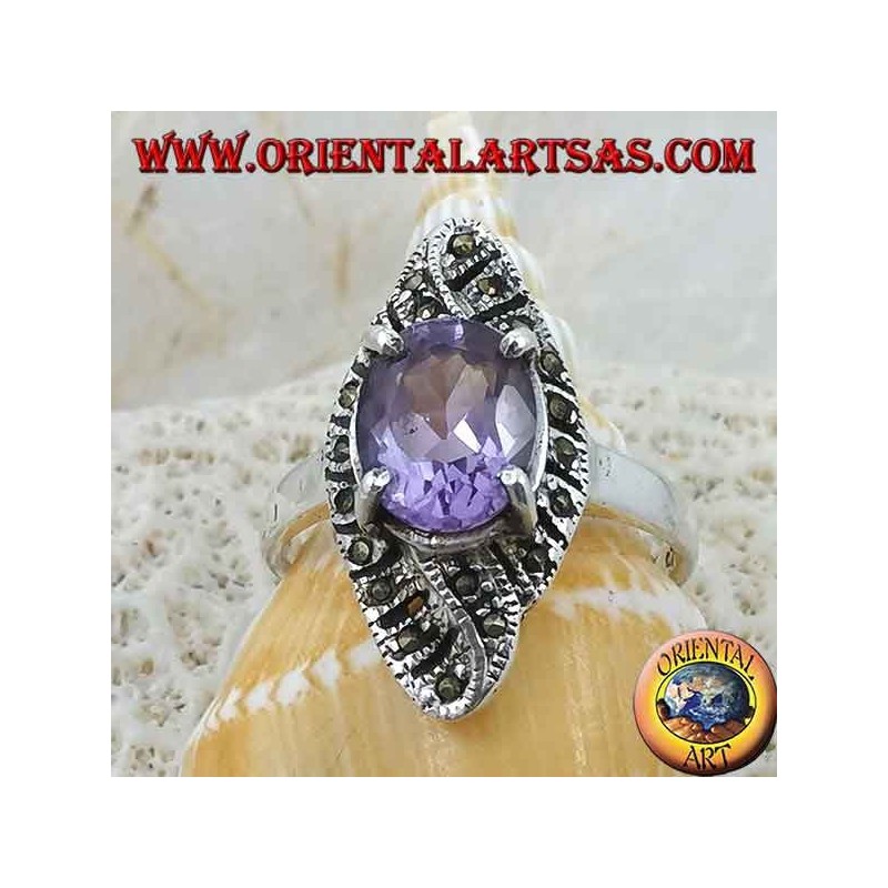 Anillo de plata, tejido romboidal con amatista ovalada natural y marcasita