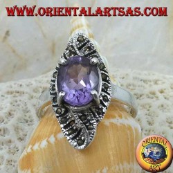Bague en argent, tissage rhomboïde avec améthyste ovale naturelle et marcassite