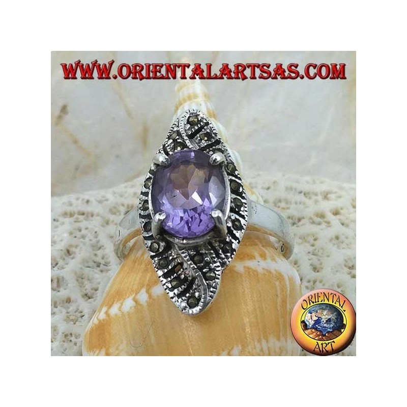 Anillo de plata, tejido romboidal con amatista ovalada natural y marcasita