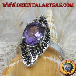 Bague en argent, tissage rhomboïde avec améthyste ovale naturelle et marcassite