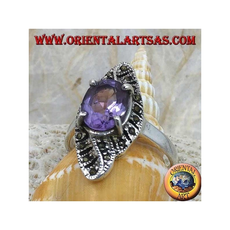 Silver ring, rhomboid weave with natural oval amethyst and marcasite