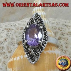 Silver ring, rhomboid weave with natural oval amethyst and marcasite