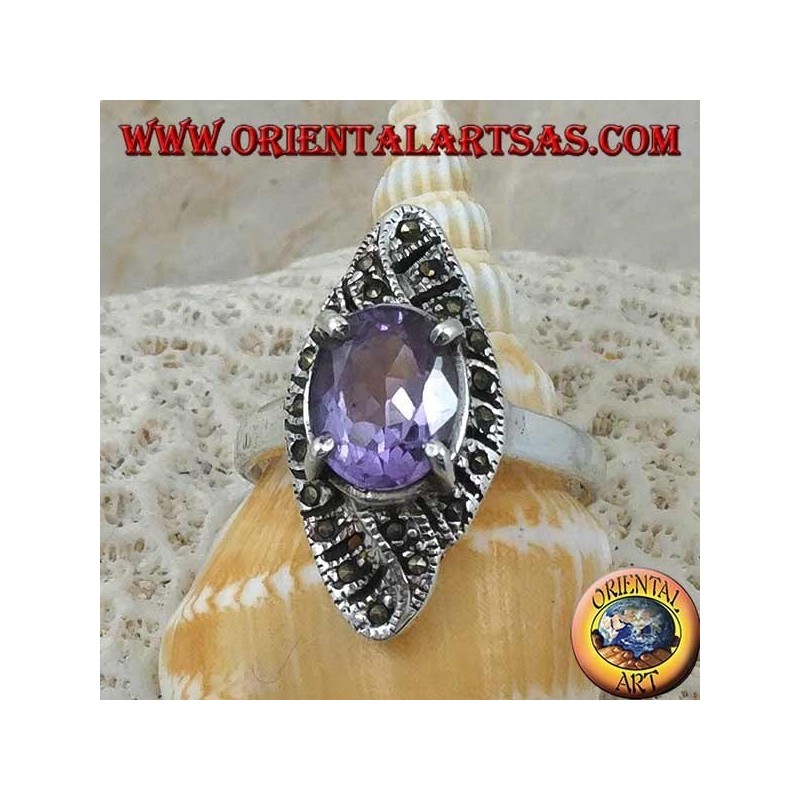 Silver ring, rhomboid weave with natural oval amethyst and marcasite