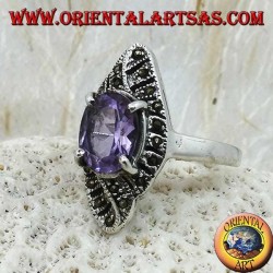 Bague en argent, tissage rhomboïde avec améthyste ovale naturelle et marcassite