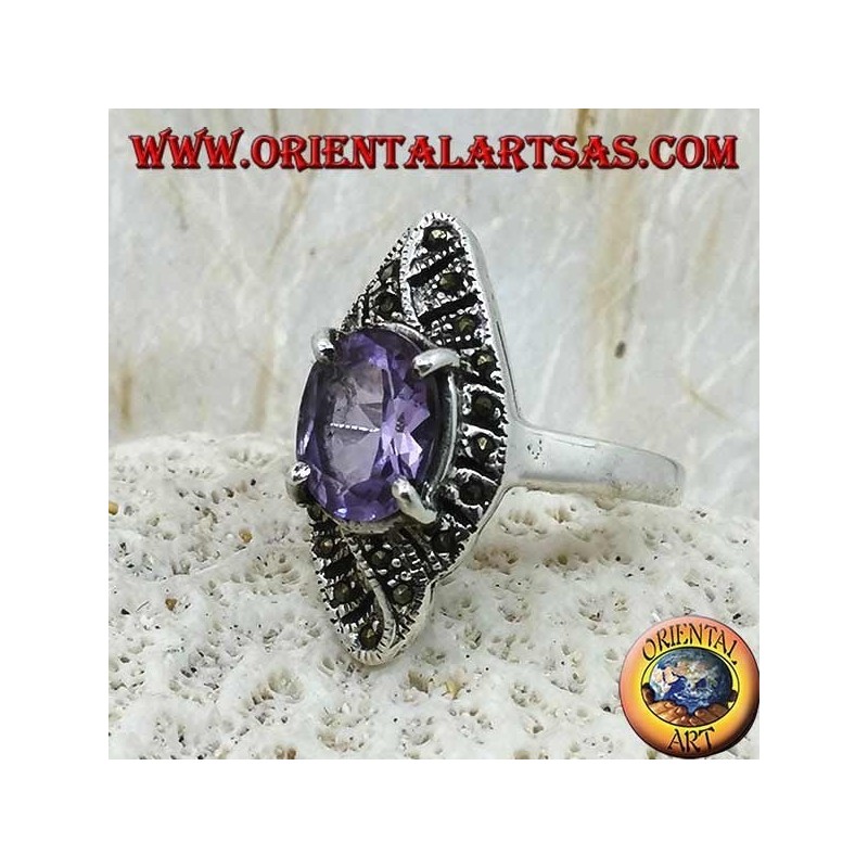 Bague en argent, tissage rhomboïde avec améthyste ovale naturelle et marcassite