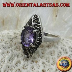 Anillo de plata, tejido romboidal con amatista ovalada natural y marcasita