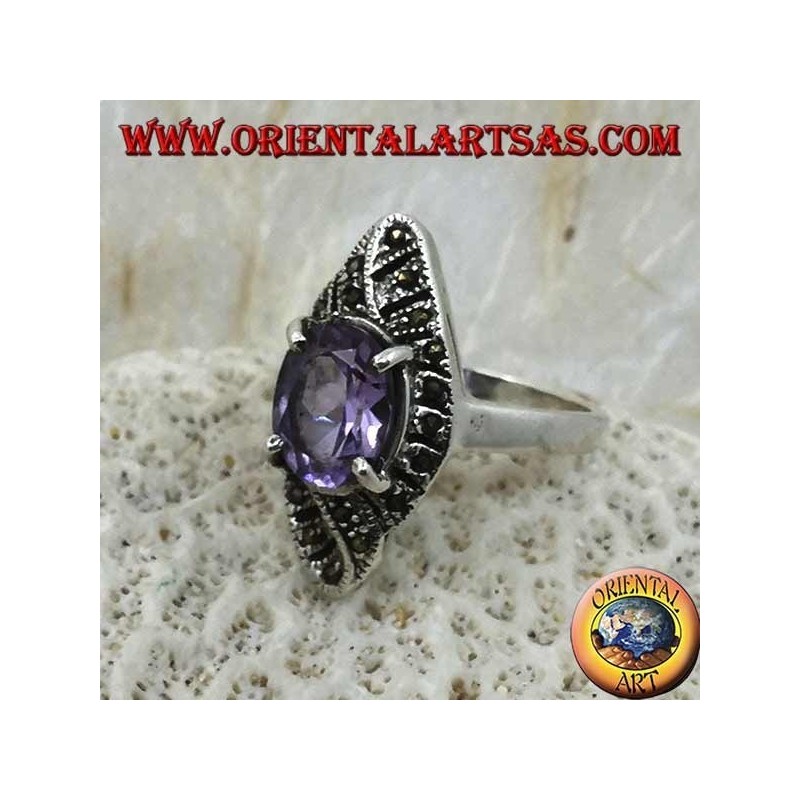 Silberring, rhomboides Gewebe mit natürlichem ovalem Amethyst und Markasit