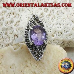 Silver ring, rhomboid weave with natural oval amethyst and marcasite