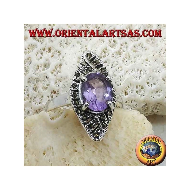 Silver ring, rhomboid weave with natural oval amethyst and marcasite