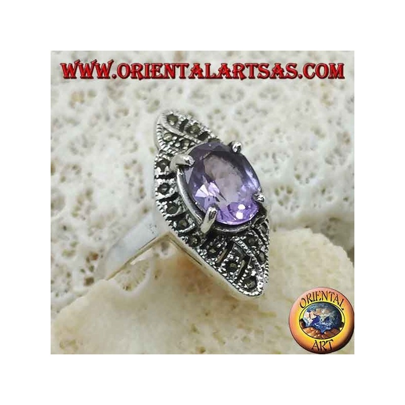 Anello in argento, intreccio romboidale con ametista ovale naturale e marcassite