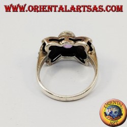 Silberner Schleifenring mit natürlichem ovalem Amethyst, umgeben von Markasit