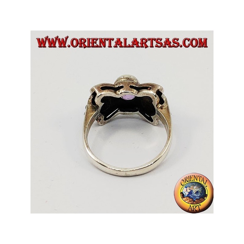 Silver bow ring with natural oval amethyst surrounded by marcasite
