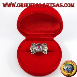 Silberner Schleifenring mit natürlichem ovalem Amethyst, umgeben von Markasit