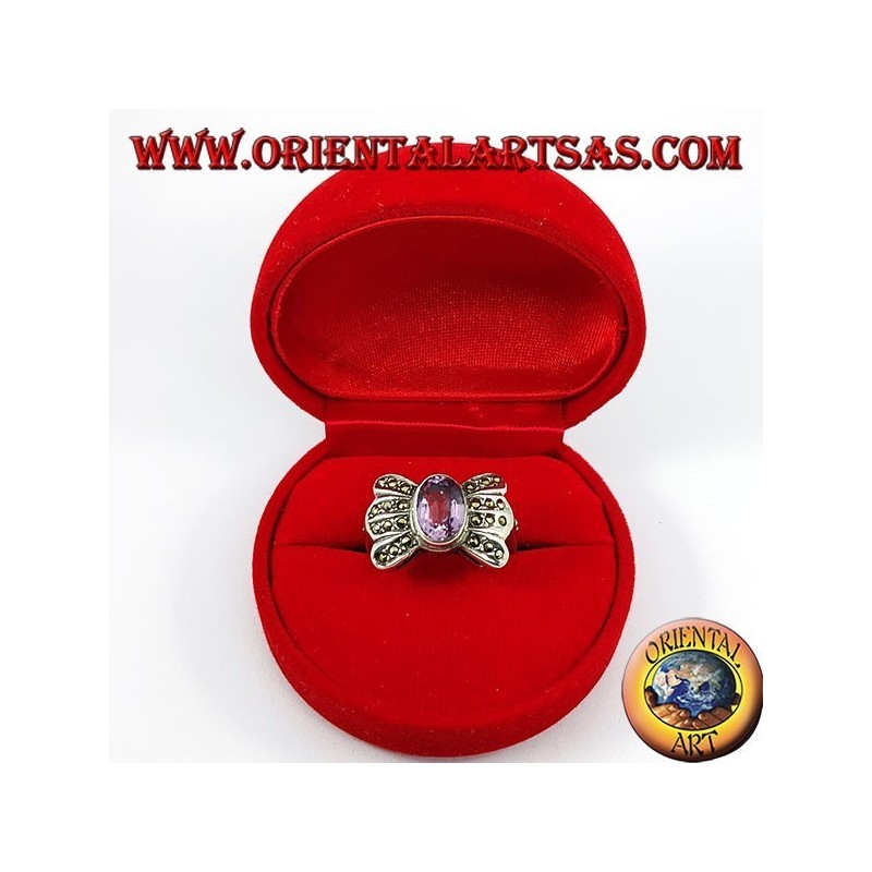 Silver bow ring with natural oval amethyst surrounded by marcasite