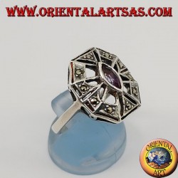 Octagonal silver ring with natural oval amethyst surrounded by marcasite