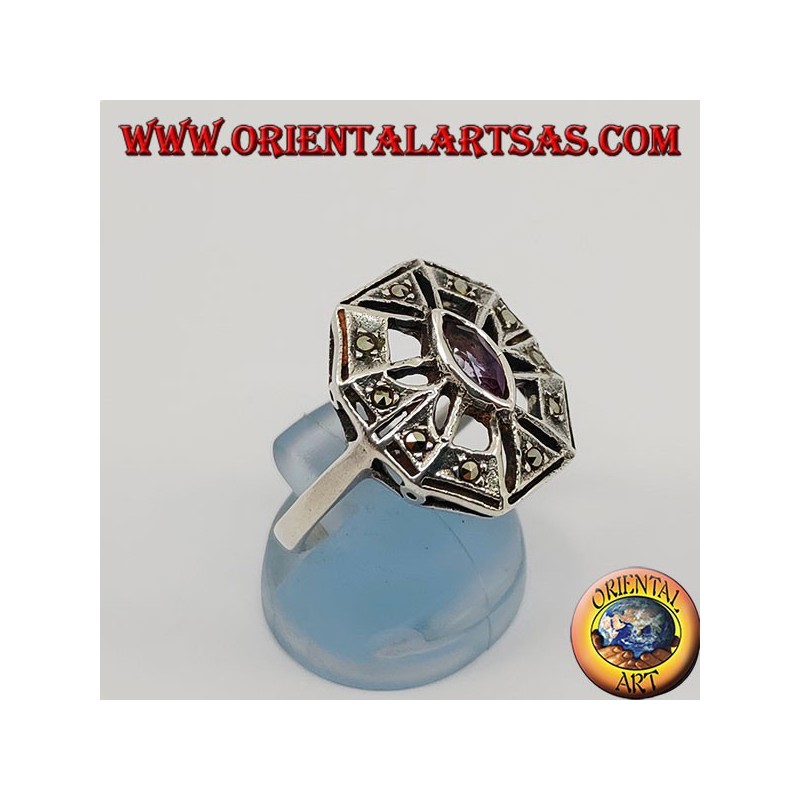 Octagonal silver ring with natural oval amethyst surrounded by marcasite