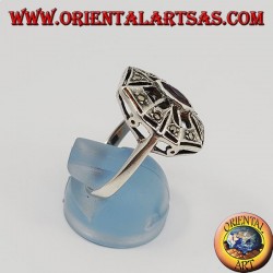 Achteckiger Silberring mit natürlichem ovalem Amethyst, umgeben von Markasit