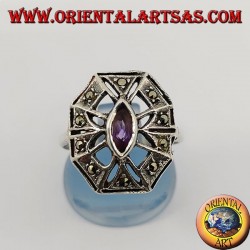 Achteckiger Silberring mit natürlichem ovalem Amethyst, umgeben von Markasit