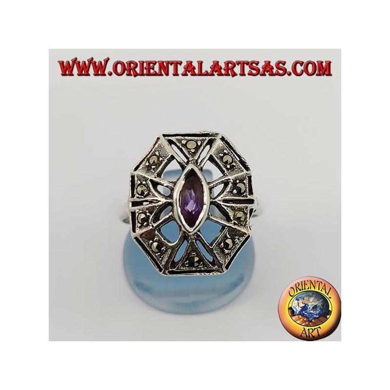 Achteckiger Silberring mit natürlichem ovalem Amethyst, umgeben von Markasit